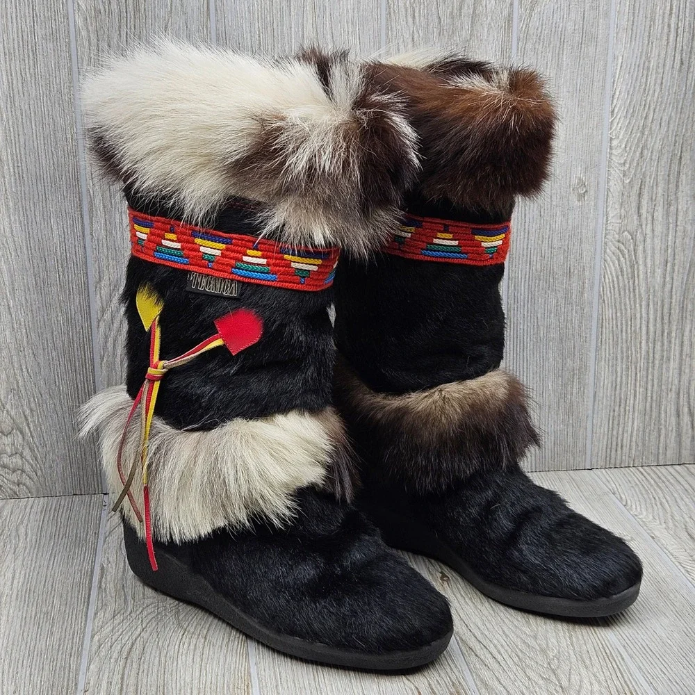 Tecnica‎ Vintage Goat Fur Apres Ski Boots Made in Italy Black Brown EU 39 US 8.5